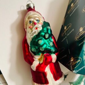 Christborn Germany Mouth Blown  Hand Painted Glass Santa with/Tree Ornament